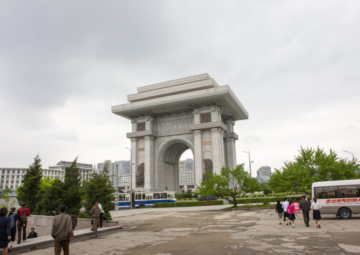 North Korean people passing in front of the Arch of Triumph, DGC, Pyongyang, North Korea