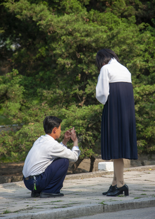 North Korean students in the street, North Hwanghae, Kaesong, North Korea