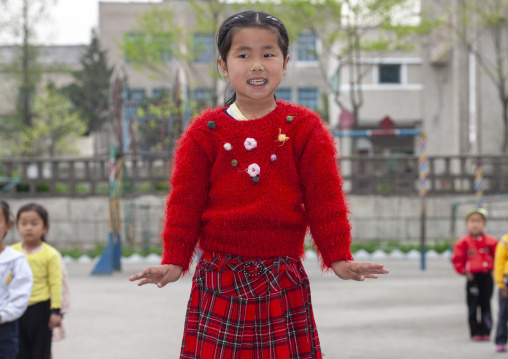 North Korean children making morning gymnastics at school, North Hwanghae, Kaesong, North Korea