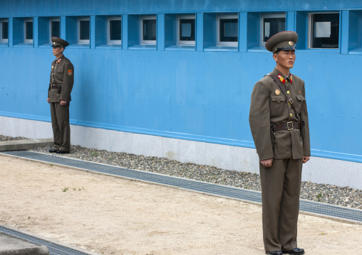 North Korean soldiers on the demarcation line in the DMZ, North Hwanghae, Panmunjom, North Korea