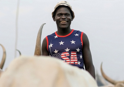 Mundari tribe man with a USA shirt, Central Equatoria, Terekeka, South Sudan