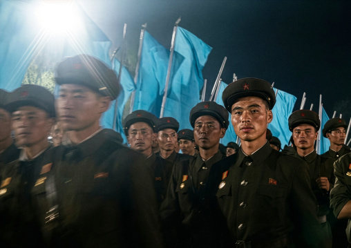 North Korean soldiers going to the Arirang mass games in may day stadium, DGC, Pyongyang, North Korea
