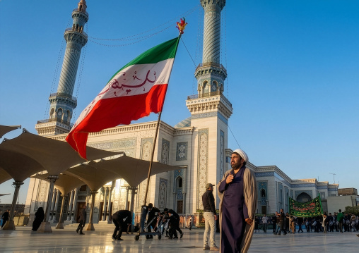 Giant iranian flag in front of Imam Hassan mosque during Muharram, Central County, Qom, Iran