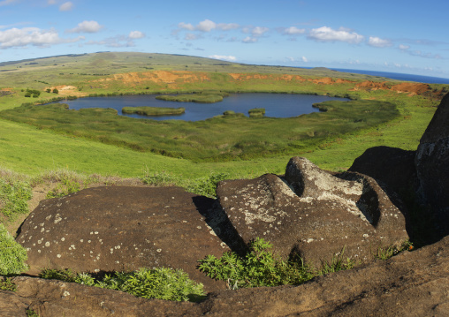 Lying moai over rano raraku lake, Easter Island, Hanga Roa, Chile