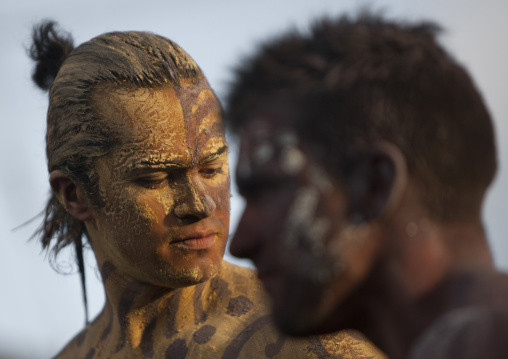 Man with traditional make up during tapati festival, Easter Island, Hanga Roa, Chile