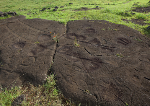 Canoe petroglyph in paka vaka rock art site, Easter Island, Hanga Roa, Chile