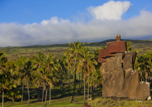 Moais in ahu nau nau at anakena beach, Easter Island, Hanga Roa, Chile