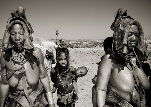 Muhimba Women Wearing Erembe Headdresses, Village Of Elola, Angola