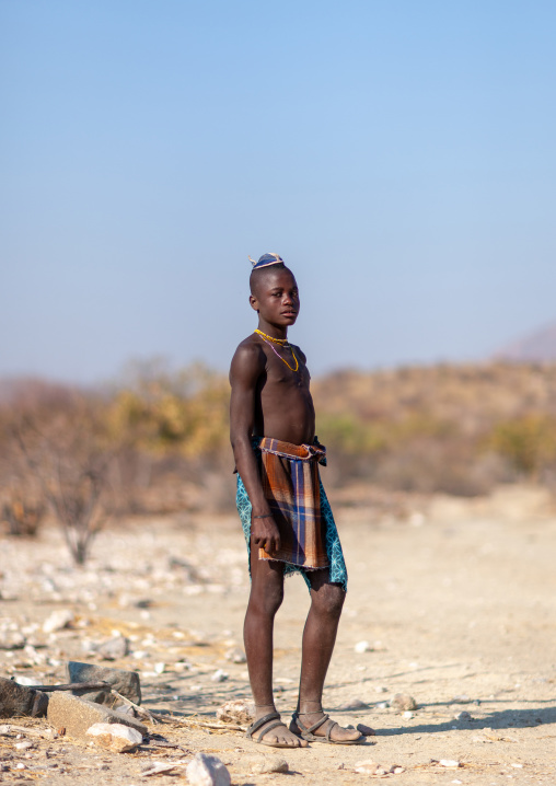 Portrait of a single Himba tribe young man, Cunene Province, Oncocua, Angola