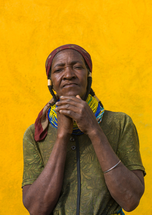 Mumuhuila tribe woman portrait dressed in western clothes, Huila Province, Chibia, Angola