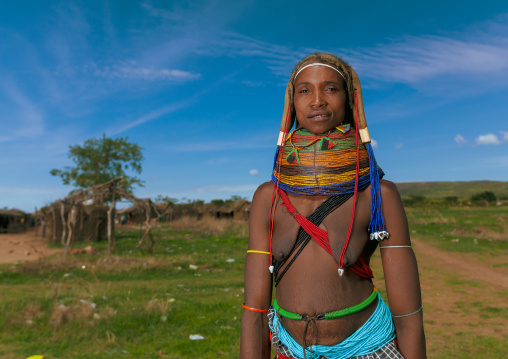 Portrait of a Mumuhuila tribe woman in a field, Huila Province, Chibia, Angola