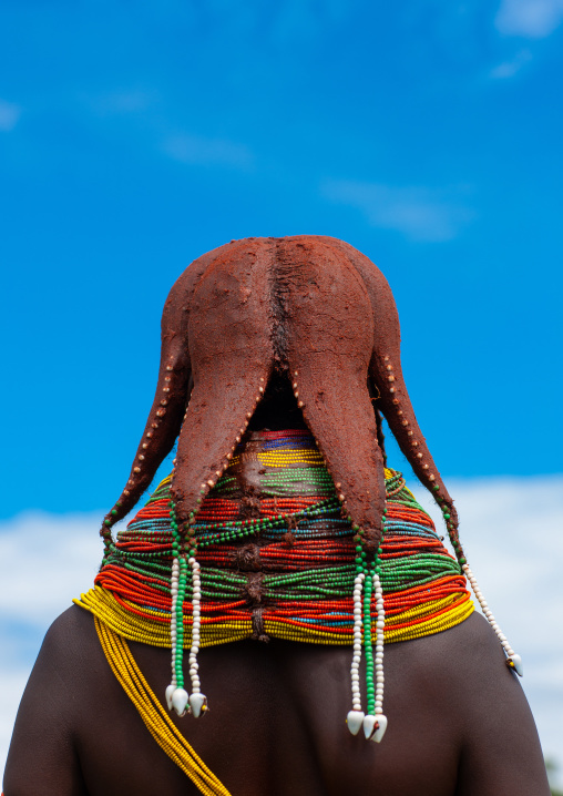 Rear view of a Mumuhuila tribe woman with an hairstyle in octopus shape, Huila Province, Chibia, Angola