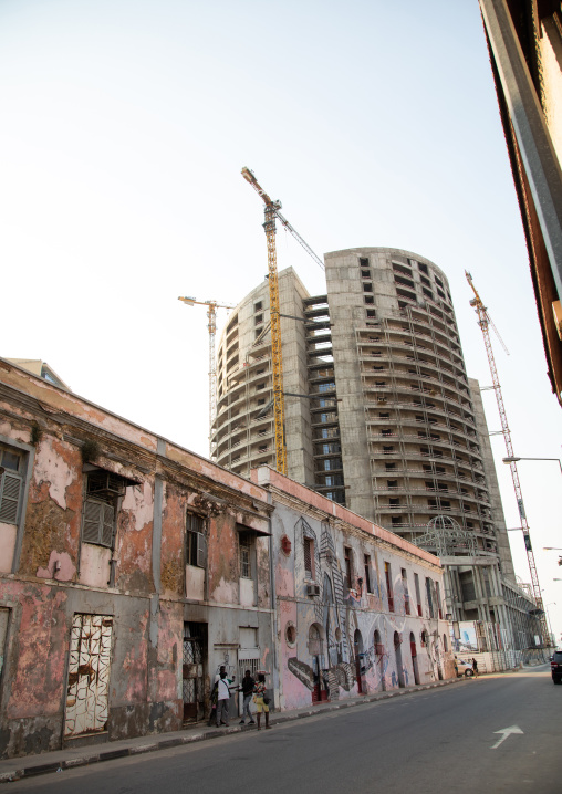 Old portuguese colonial building in front of a new skyscraper, Luanda Province, Luanda, Angola