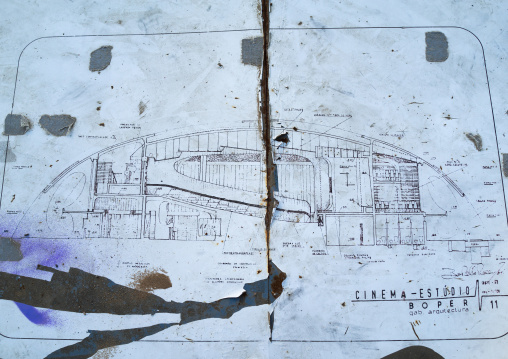 Architect plan of the cine Estudio designed by Botelho Vasconcelos of atelier Boper, Namibe Province, Namibe, Angola