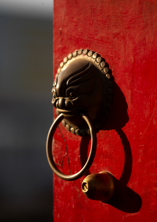 Painted Door With Lion Door Knocker In Chaoyang Tower City Gate, Ancient Town, Jianshui, Yunnan Province, China