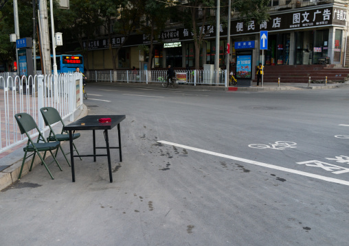 Small traffic police station in en empty crossroad, Gansu province, Linxia, China