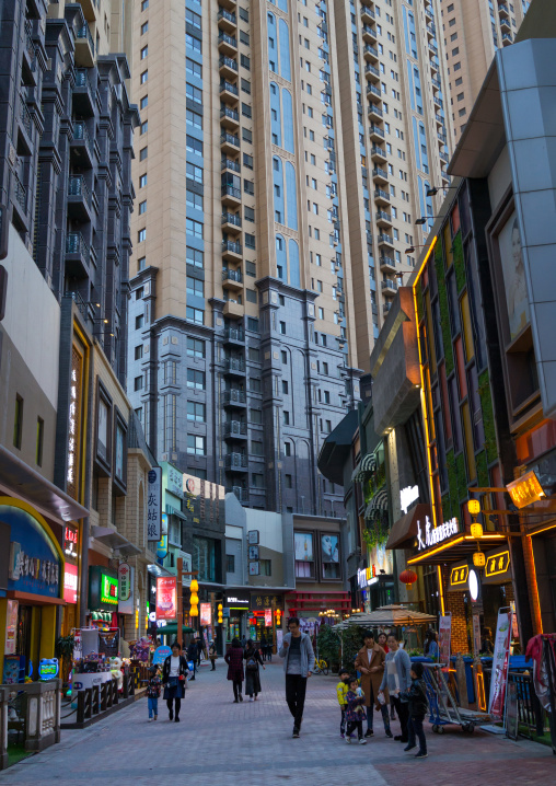 Shops and restaurants in the city center, Gansu province, Lanzhou, China