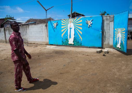 Benin, West Africa, Ganvié, church courtyard on lake nokoue