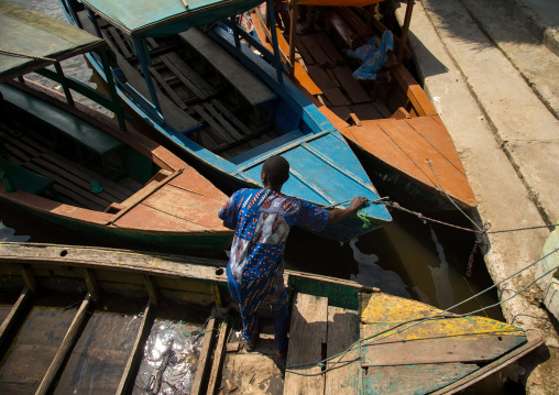 Benin, West Africa, Ganvié, boats parked on lake nokoue