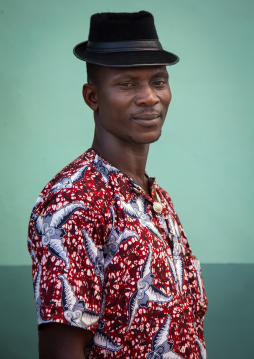 Benin, West Africa, Ganvié, fashionable young man in traditional beninese clothing