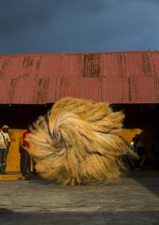 Benin, West Africa, Porto-Novo, zangbeto guardian of the night spirit dance in the royal palace