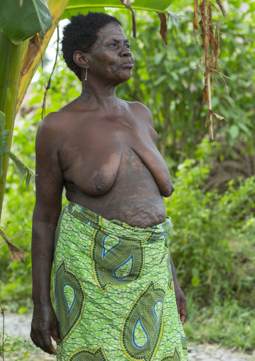 Benin, West Africa, Onigbolo Isaba, holi tribe woman covered with traditional tattoos and scars