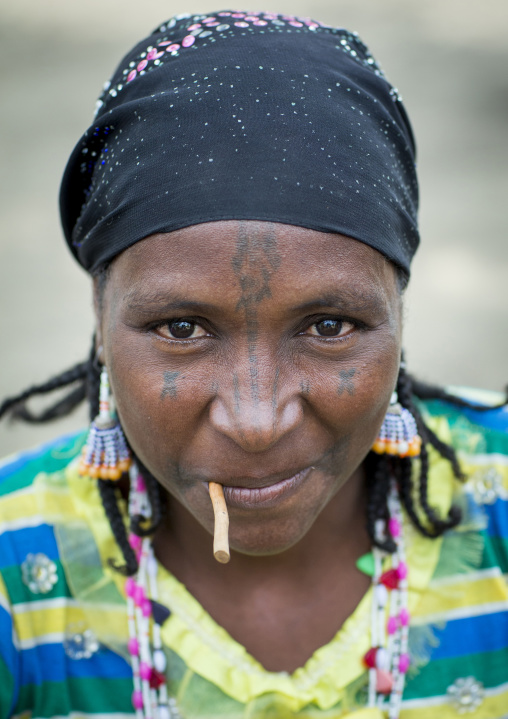 Benin, West Africa, Gossoue, a beautiful tattooed fulani peul tribe woman portrait