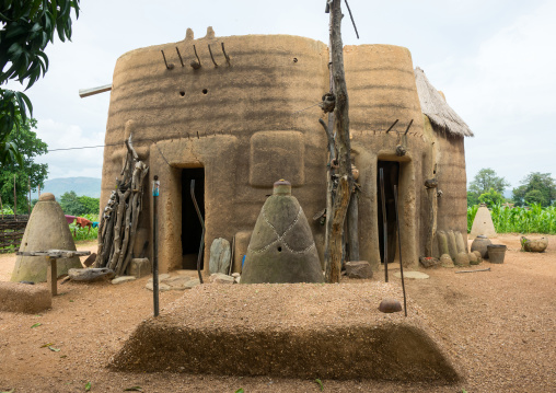 Benin, West Africa, Boukoumbé, voodoo altars in front of a traditional tata somba house