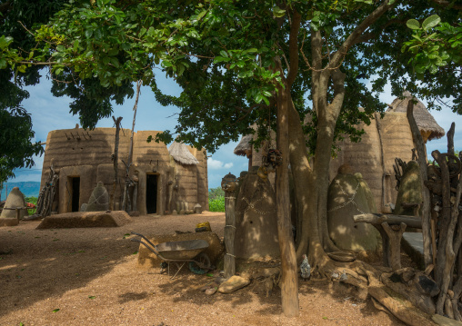 Benin, West Africa, Boukoumbé, voodoo altars in front of a traditional tata somba house