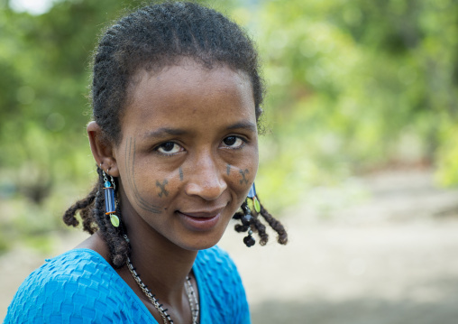 Benin, West Africa, Gossoue, a beautiful tattooed fulani peul tribe woman portrait