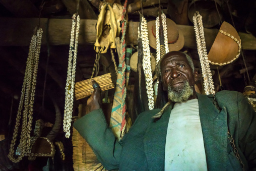 Benin, West Africa, Boukoumbé, mr kouagou maxon in his tata somba house and his traditional medicine