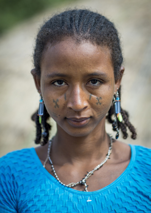 Benin, West Africa, Gossoue, a beautiful tattooed fulani peul tribe woman portrait