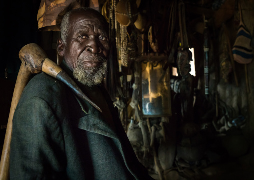 Benin, West Africa, Boukoumbé, mr kouagou maxon in his traditional tata somba house and his traditional medicine