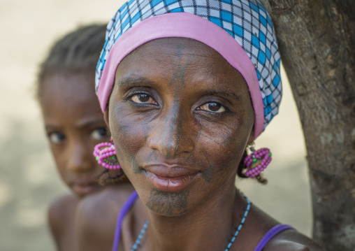 Benin, West Africa, Gossoue, a beautiful tattooed fulani peul tribe woman portrait
