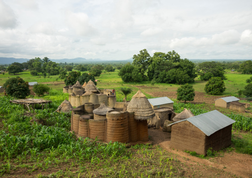 Togo, West Africa, Nadoba, traditional tata somba houses with thatched roofs and granaries