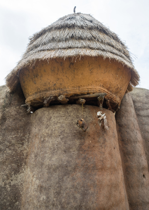 Togo, West Africa, Nadoba, traditional tata somba houses with thatched roofs and granaries