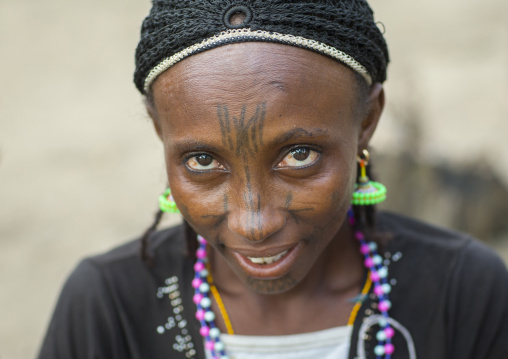 Benin, West Africa, Gossoue, a beautiful tattooed fulani peul tribe woman portrait