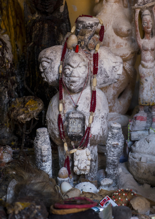 Benin, West Africa, Bonhicon, statues covered with talc powder for a voodoo ceremony