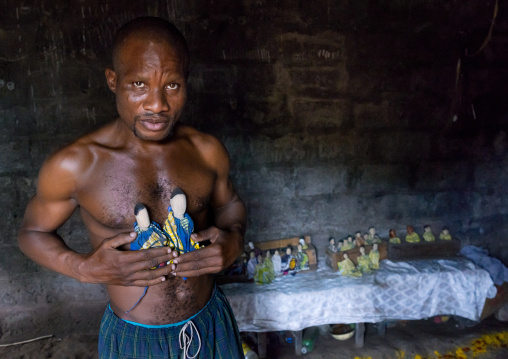 Benin, West Africa, Bopa, mister attobern, the guardian of the nursery hosting the carved wooden figures made to house the soul of dead twins