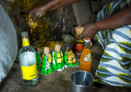 Benin, West Africa, Bopa, miss ablossi giving drink to the carved wooden figures made to house the soul of her five dead twins