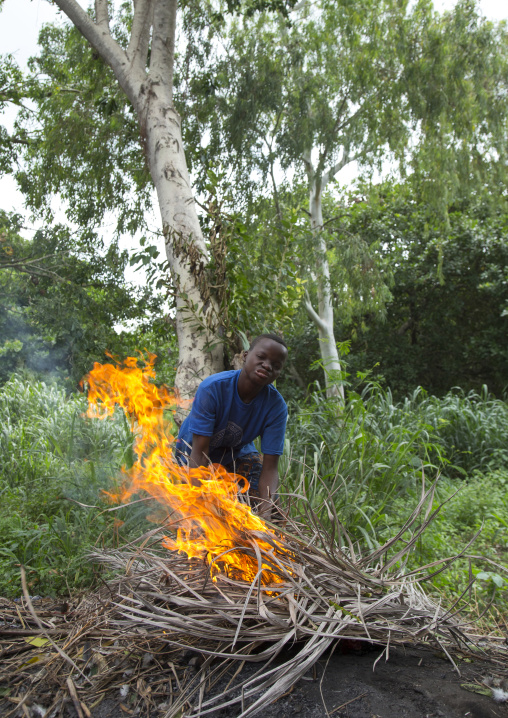 Benin, West Africa, Dankoly, teenagers cooking a sacrified goat after a voodoo ceremony