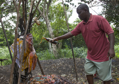 Benin, West Africa, Dankoly, a man putting coca cola on a voodoo shrine as offerings to the spirits