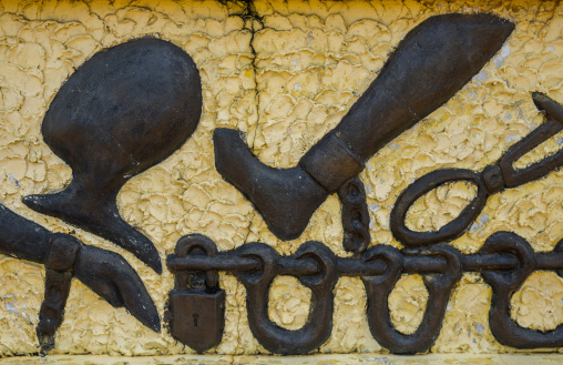 Benin, West Africa, Ouidah, the memorial zomachi on the slave trail showing chains