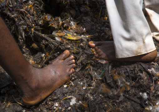 Benin, West Africa, Dankoly, men walking on a voodoo shrine covered with feathers, oil and blood