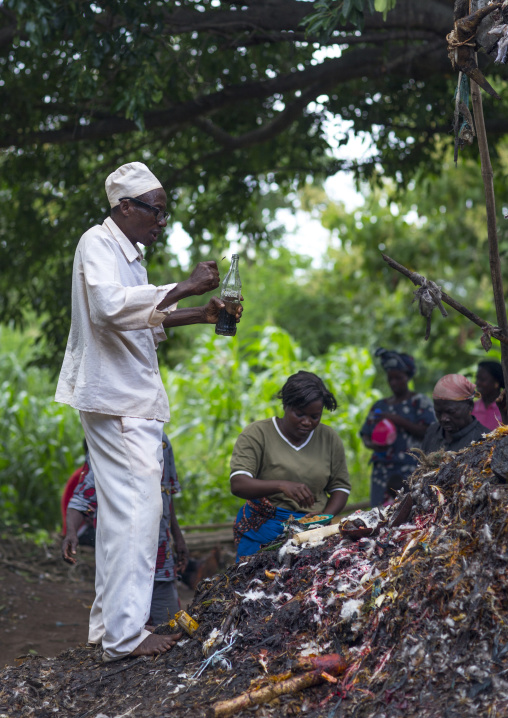Benin, West Africa, Dankoly, a priest with a coca cola bottle praying on a voodoo shrine