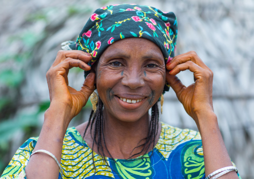 Benin, West Africa, Savalou, a beautiful tattooed fulani peul tribe woman portrait