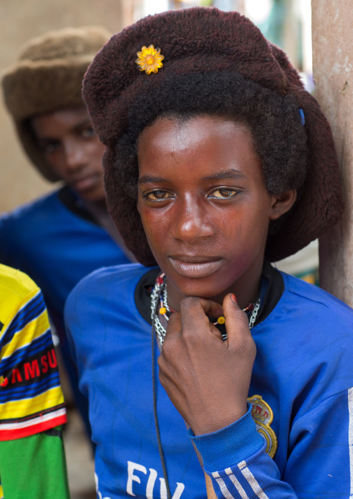 Benin, West Africa, Copargo, young fulani peul tribe man with colorful and fashionable clothes