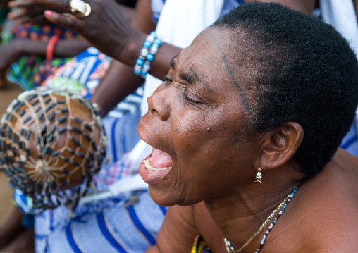Benin, West Africa, Bopa, woman in trance dancing during a traditional voodoo ceremony