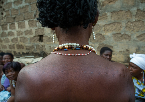 Benin, West Africa, Bopa, woman with traditional scarifications on the back during a voodoo ceremony