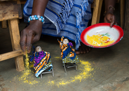 Benin, West Africa, Bopa, miss hounyoga blessing the carved wooden figures made to house the soul of her dead twins